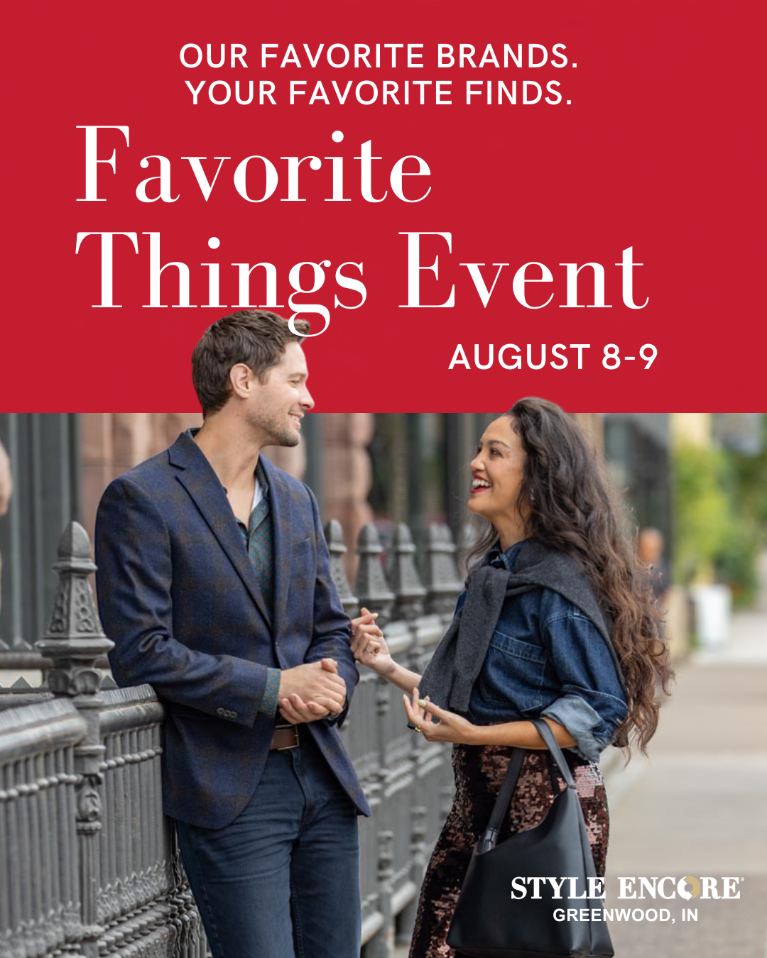 favorite finds flyer. man nad woman talking outside